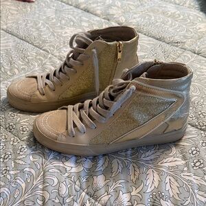 ShuShop High-Top Sneakers in Taupe with Gold Glitter Accents